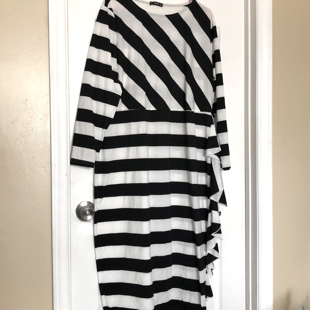 Black and white striped dress.